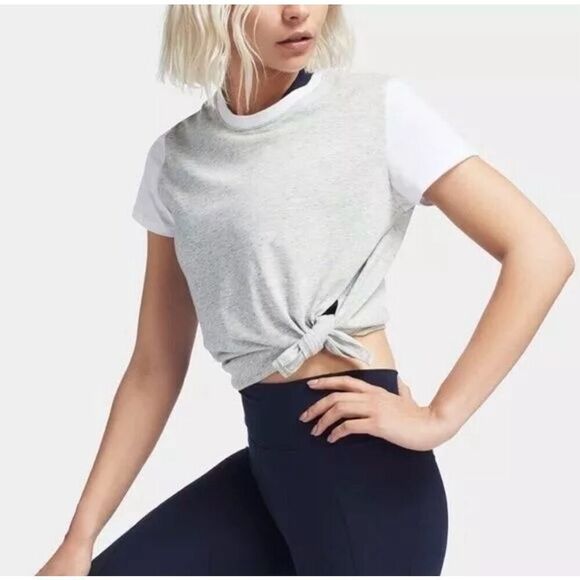 LNDR || Short Sleeve Tuck Tee Slit Tie Heathered Blue Gray Medium - Picture 1 of 4